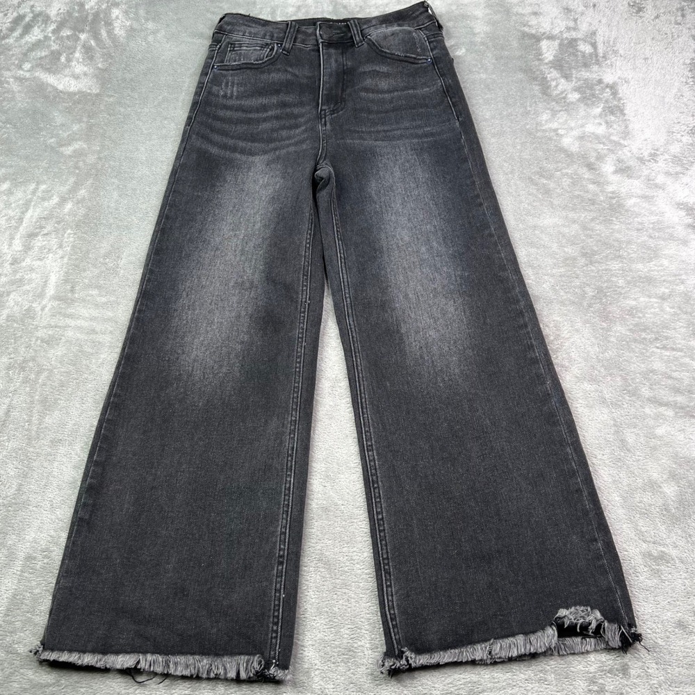 Risen Wide Leg Jeans Womens 1/25 Black Faded Raw Hem Stretch Distressed Denim